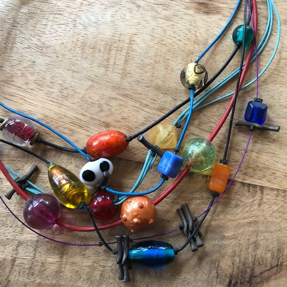 Multicolored beads and multicolored cords on this fun necklace, 17” long - Picture 6 of 9